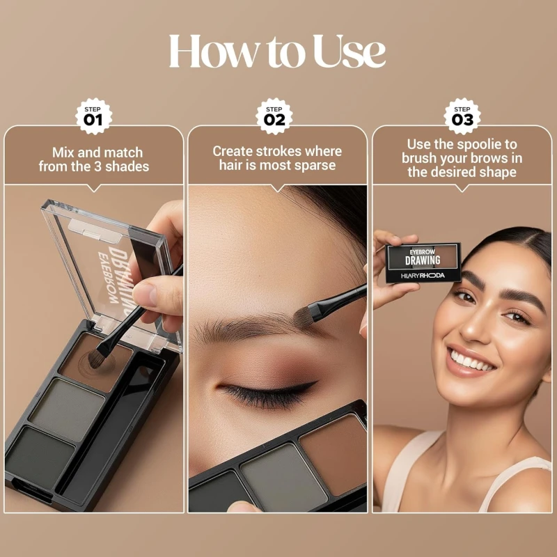Hilary Rhoda Eyebrow Palette with Spoolie | 3 Natural Blendable Shades | Waterproof & Long-Lasting | Smudge-Proof Brow Powder Kit (Shade 01) – 7.2g - Thumbnail 7